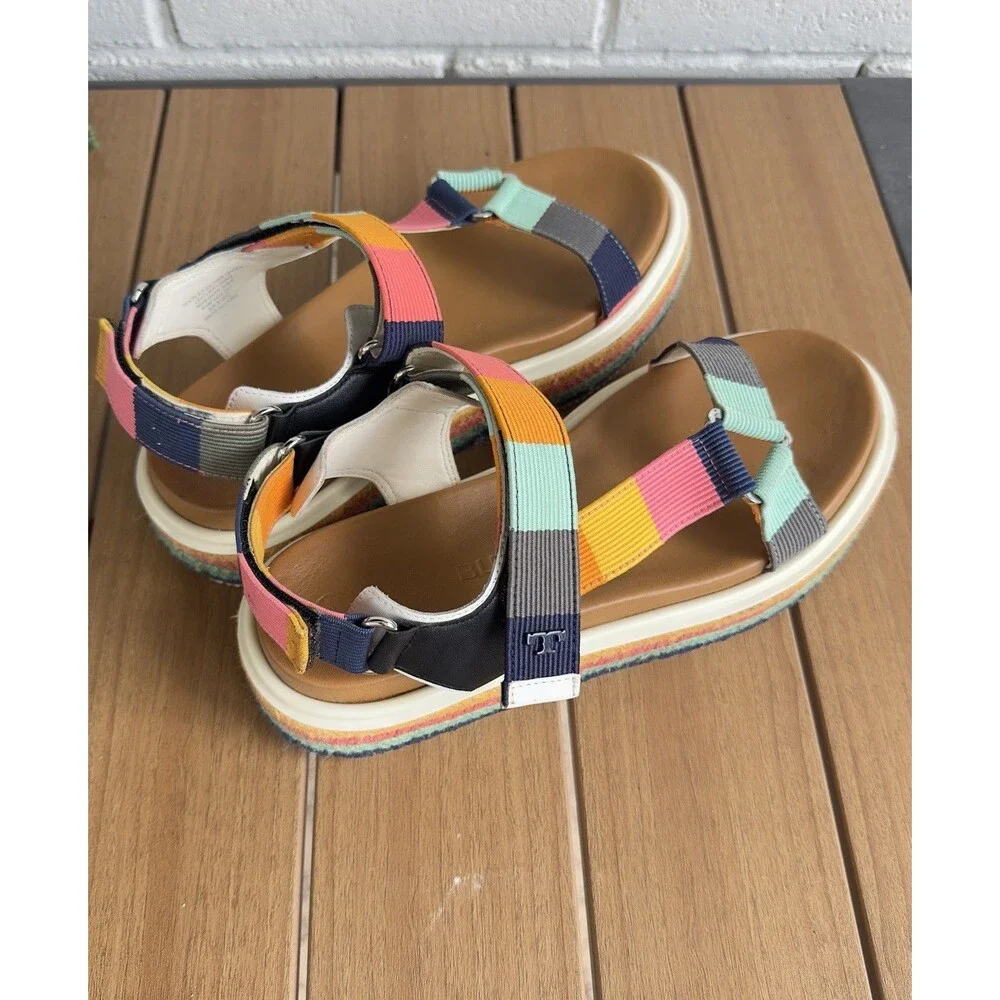 Tory Burch Sport Strappy Sandals Women 8.5M Nylon Webbing Leather Platform Multi